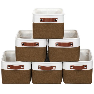 Aoibox Foldable Fabric Storage Bins Decorative Closet Cubes PU Handle Linen Organizer Basket Brown White 6 Pack