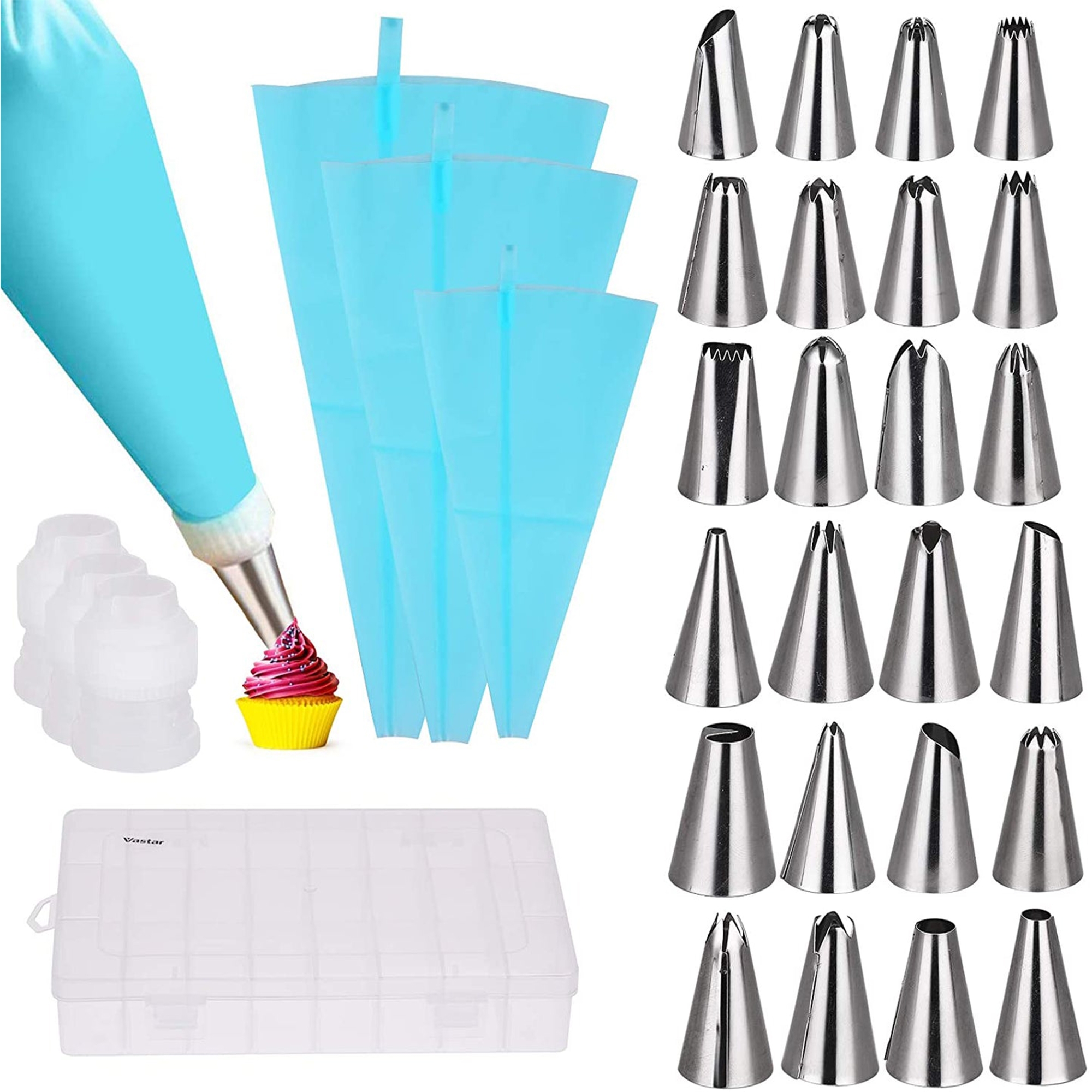 Cheer Collection 30-Piece Cake Decorating Kit with 24 High Quality Stainless Steel Tips, Reusable Pastry Bags, Couplers & Storage Case