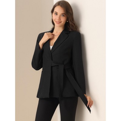 Allegra K Women's Lapel Long Sleeve Belted Blazer Large Black — фото 4