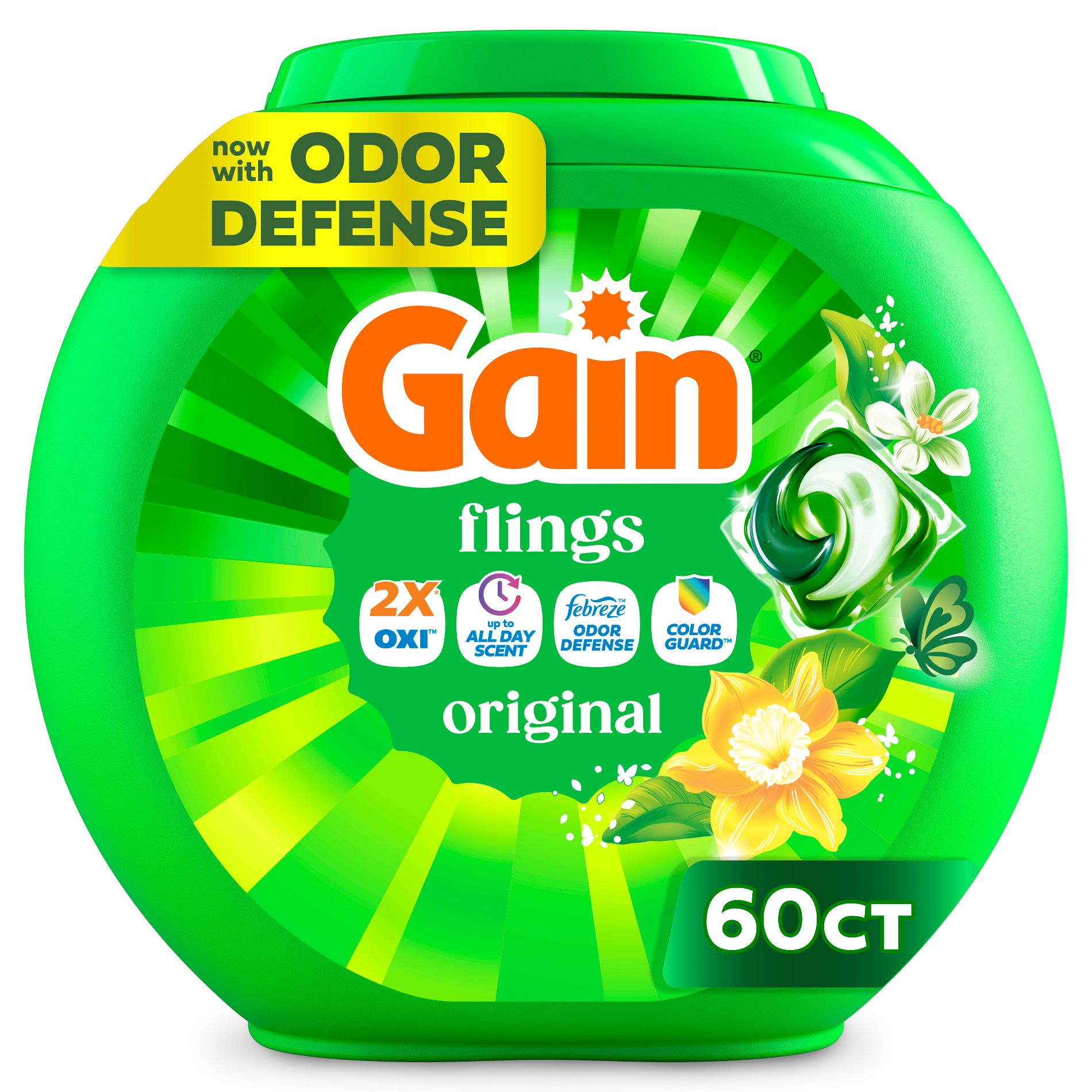 Gain flings! Original 3 in 1 Oxi & Febreze HE Concentrated Laundry Detergent Pods 60 Pacs - 40oz
