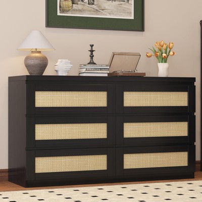 6 Rattan Drawer Dresser for Bedroom, Black Modern Chest of Drawers with Anti-Tip Kit Device, Wooden Dresser Organizer for Nursery Hallway Living Room