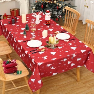 Waterproof Tablecloth - Holiday Party Tablecloth, Merry Christmas Print, Red Base with Random Deer and Christmas Tree, Dining Room and Kitchen Decor - 1 of 4