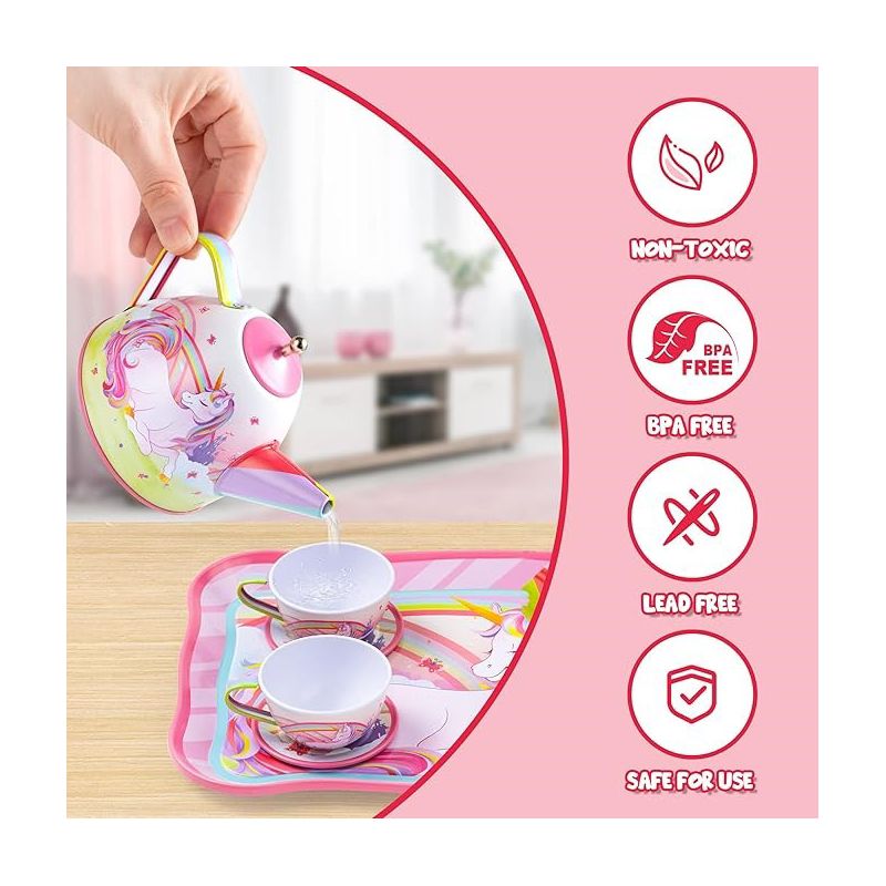 Syncfun Unicorn Castle Pretend Tea Set for Kids Toddlers Age 3 4 5 6, Princess Tea Party Set with Teapot, Cups, Plates and Carrying Case, 3 of 7