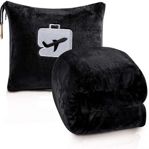 Plazatex 100% Polyester Comfort Fly Travel Wrinkle Resistant Pillow & Blanket Set 40" x 70" Black - 1 of 4