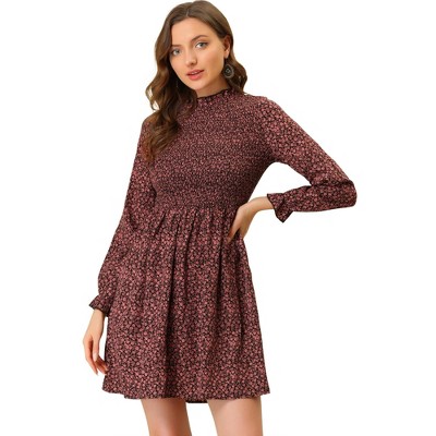 Allegra K Women's Ruffle Neck Long Sleeve A-Line Smocked Floral Dresses