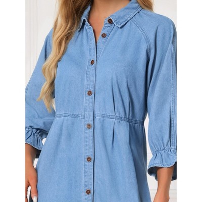 Женские платья INSPIRE CHIC Women's Denim Casual Ruffle Long Sleeve Button Down Midi Jean Shirt Dress Light Blue Medium — фото 5