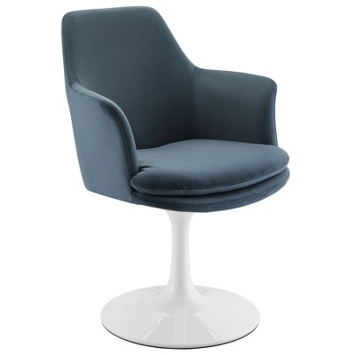 Modway Lippa Swivel Dining Armchair – White Pedestal Base with Cadet Blue Velvet Upholstery, 360° Barrel Seat for Modern Dining