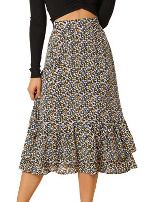 INSPIRE CHIC Women's Chiffon Elastic Waist Ruffle Tiered Flowy Midi Floral Printed Skirts