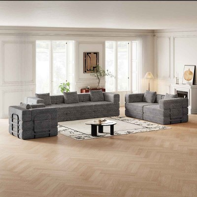 6 Seater Folding Sofa Bed for Living Room or Bedroom, Convertible Sofa with Cushions and Storage Pockets, Corduroy Fabric Sofa-Coolbibila