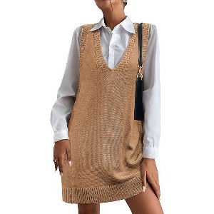 Zeagoo Womens Sweater Vest Dress Pattern Knitted Pullovers Sweaters V Neck Tank Sweater Dress with Pockets - 1 of 4
