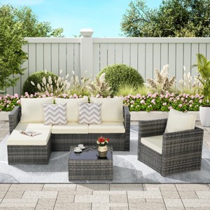Outdoor Sofa Set, 6 Pcs Furniture Set, Wicker Sofa With Cushions,  L- Shaped Sofa, Detachable Lounger and Coffee Table -Coolbibila - 1 of 4
