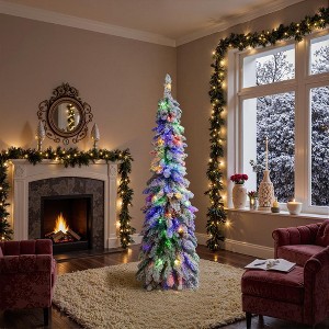 Costway 4 FT/5FT/6FT Pre-Lit Slim Christmas Tree Flocked Xmas Decoration 11 Modes 100 LED Lights - 1 of 4