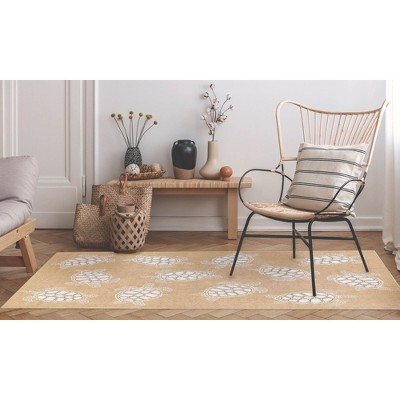 Sand Beige Synthetic Flat Woven Rectangular Rug with Sea Turtle Design