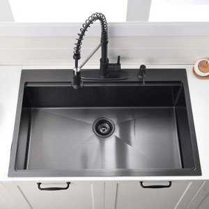 Gulches 36"x22" Gunmetal Black Drop-in Workstation Kitchen Sink, 16 Gauge T304 Stainless Steel, Single Bowl with Accessories - 1 of 4