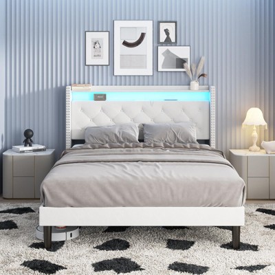 Velvet Upholstered Bed Frame with Lights, Charging Station and Storage