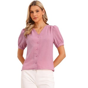 INSPIRE CHIC Women's Short Puff Sleeve V Neck Button Down Dressy Summer Casual Blouses - 1 of 4