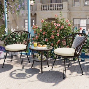 3 Piece Outdoor Patio Leisure Set,Rattan Garden Patio Bistro Set,Fabric Upholstered Rattan Chairs Set of 2 with Round Table-Coolbibila - 1 of 4