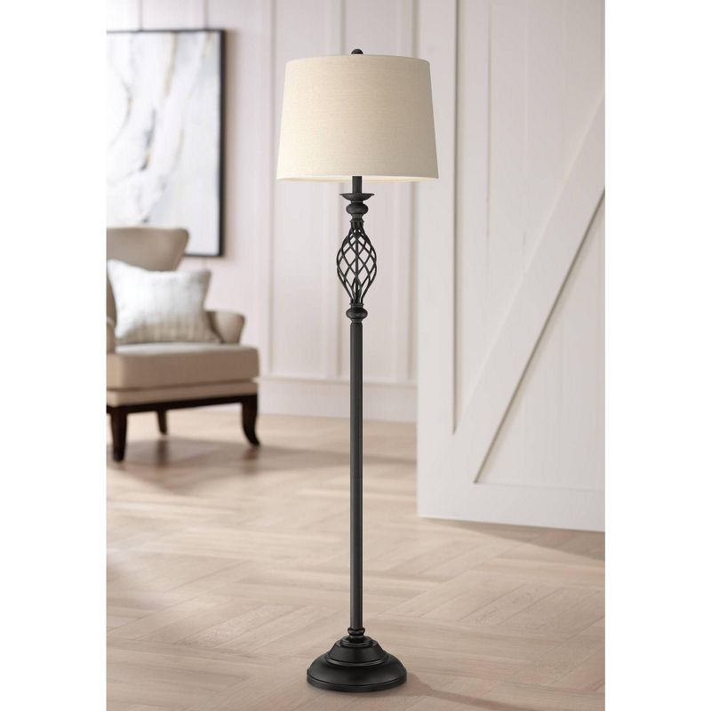 Franklin Iron Works Annie Rustic Floor Lamp Standing 63" Tall Bronze Iron Scroll Cream Hardback Drum Shade for Living Room Bedroom Office House Home, 2 of 10