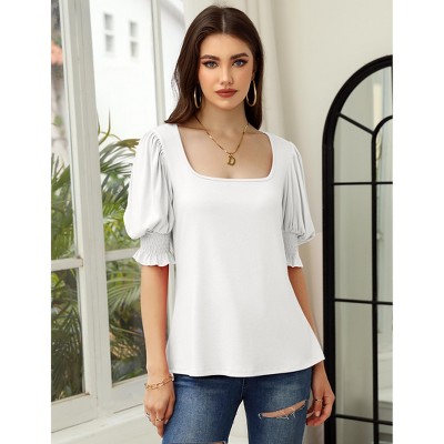 Womens Shirt Puff Sleeve Square Neck T-Shirts  Stretchy Blouse for Women