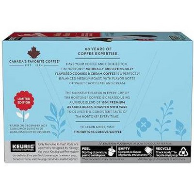Tim Hortons Cookies & Cream Flavor Medium Roast Keurig K-Cup Coffee Pods - 12ct
