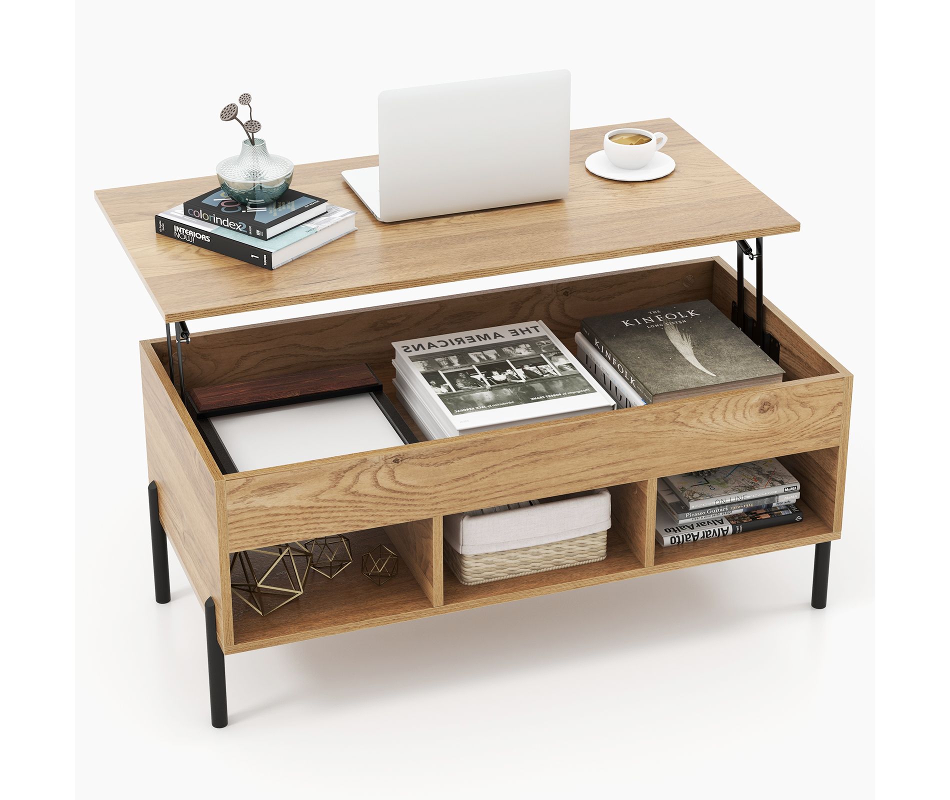 Tangkula Lift Top Coffee Table with Metal Legs Rising Center Table with Hidden Compartment & 3 Open Cubbies Multifunctional Dining Working Table