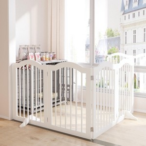 KWPZQEB Wooden Freestanding Foldable Pet Gate, 27.6" 4 Panels Step Over Fence with 2 pcs Support Feet Ideal for Stairs, Doorways, Kitchens, White - 1 of 4