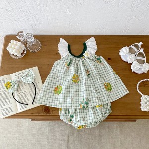 MyKids-USA Summer Girls Plaid and Flowers Pattern Sleeveless Hollow Out Lace Strap Two-Piece Set - 1 of 4