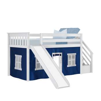 Max & Lily Twin Low Loft Bed with Stairs and Slide with Blue Curtains, White