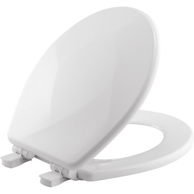 Never Loosens Round Sculptured Teardrop Enameled Wood Toilet Seat with Easy Clean White - Mayfair by Bemis