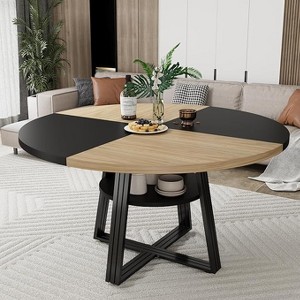 47.2" Round Farmhouse Dining Table with Storage Shelf - Seats 4-6, Kitchen & Dining Room Table with Bottom Storage,Wood color + black - 1 of 4