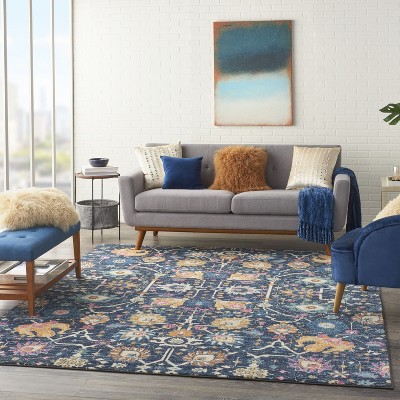 Navy Bliss Floral Synthetic 8' x 10' Handmade Reversible Rug