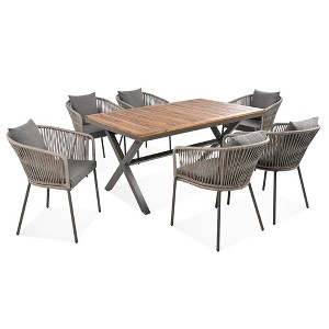 Maliang 7 Pieces Patio Dining Set, Acacia Wood Tabletop, Metal Frame, for Garden, Backyard, Balcony - 1 of 4