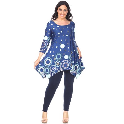 Women's Plus Size 3/4 Sleeve Printed Erie Tunic Top with Pockets - White Mark
