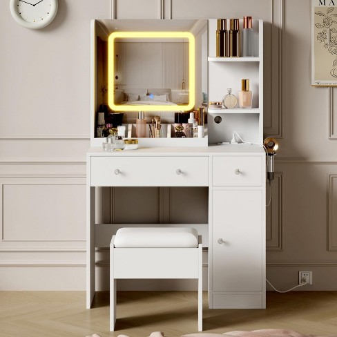 Vanity Desk, Makeup Desk and Stool with Lights, 2 Drawers & Storage Shelves, Sliding Mirror, Girls Vanity Table for Bedroom - image 1 of 4