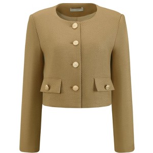 INSPIRE CHIC Women Tweed Collarless Button Down Cropped Long Sleeve Office Work Jacket Blazer - 1 of 4