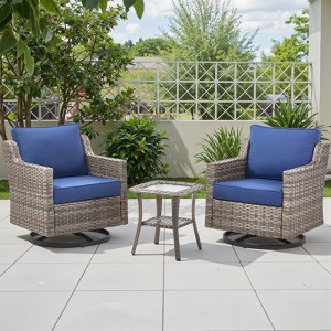 Buenhomino 3PC Patio Furniture Set - Swivel Rocker Chair Bistro Set with Rattan Side Table,Gray Wicker Blue Cushion - 1 of 4