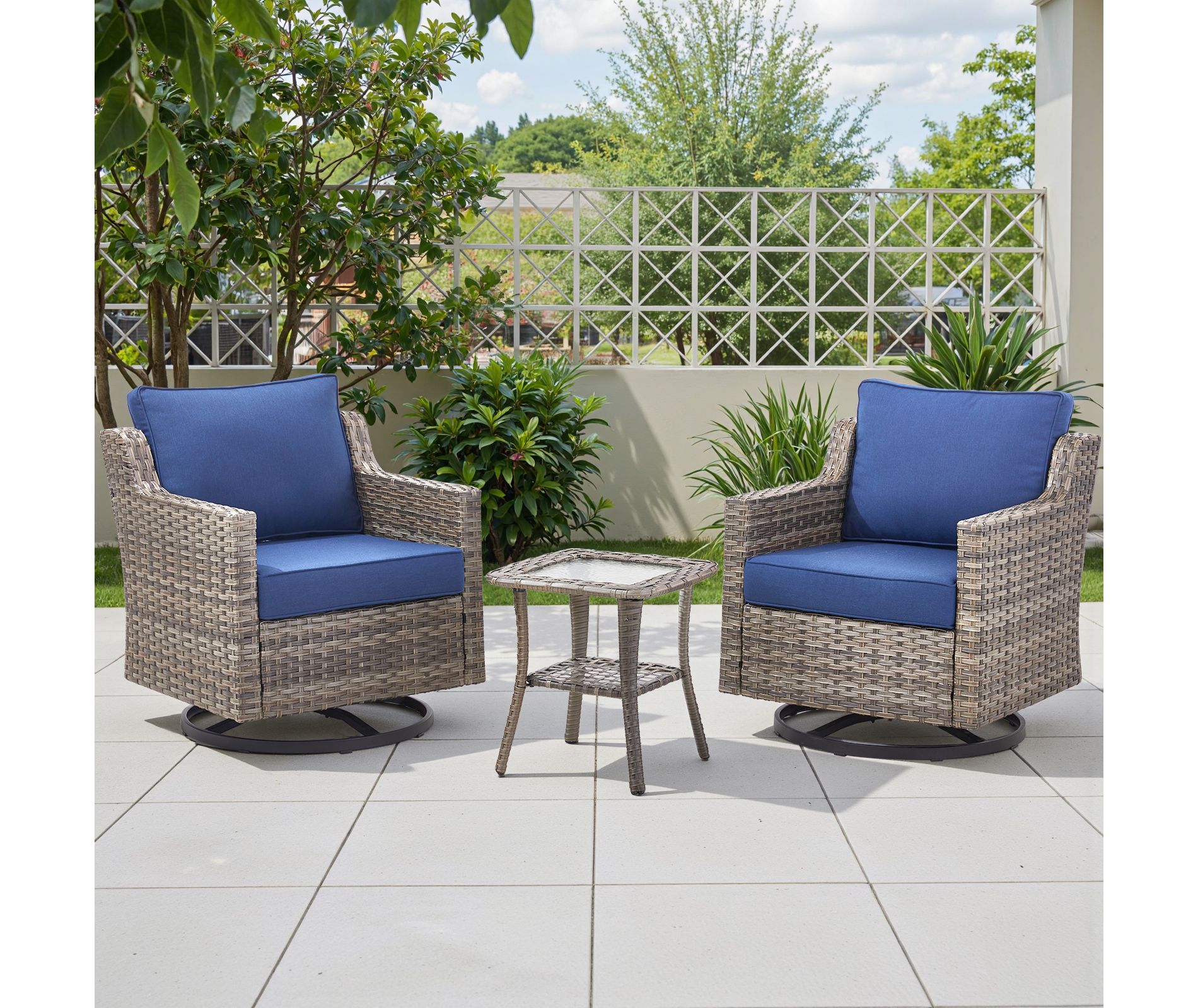 Buenhomino 3PC Patio Furniture Set - Swivel Rocker Chair Bistro Set with Rattan Side Table,Gray Wicker Blue Cushion