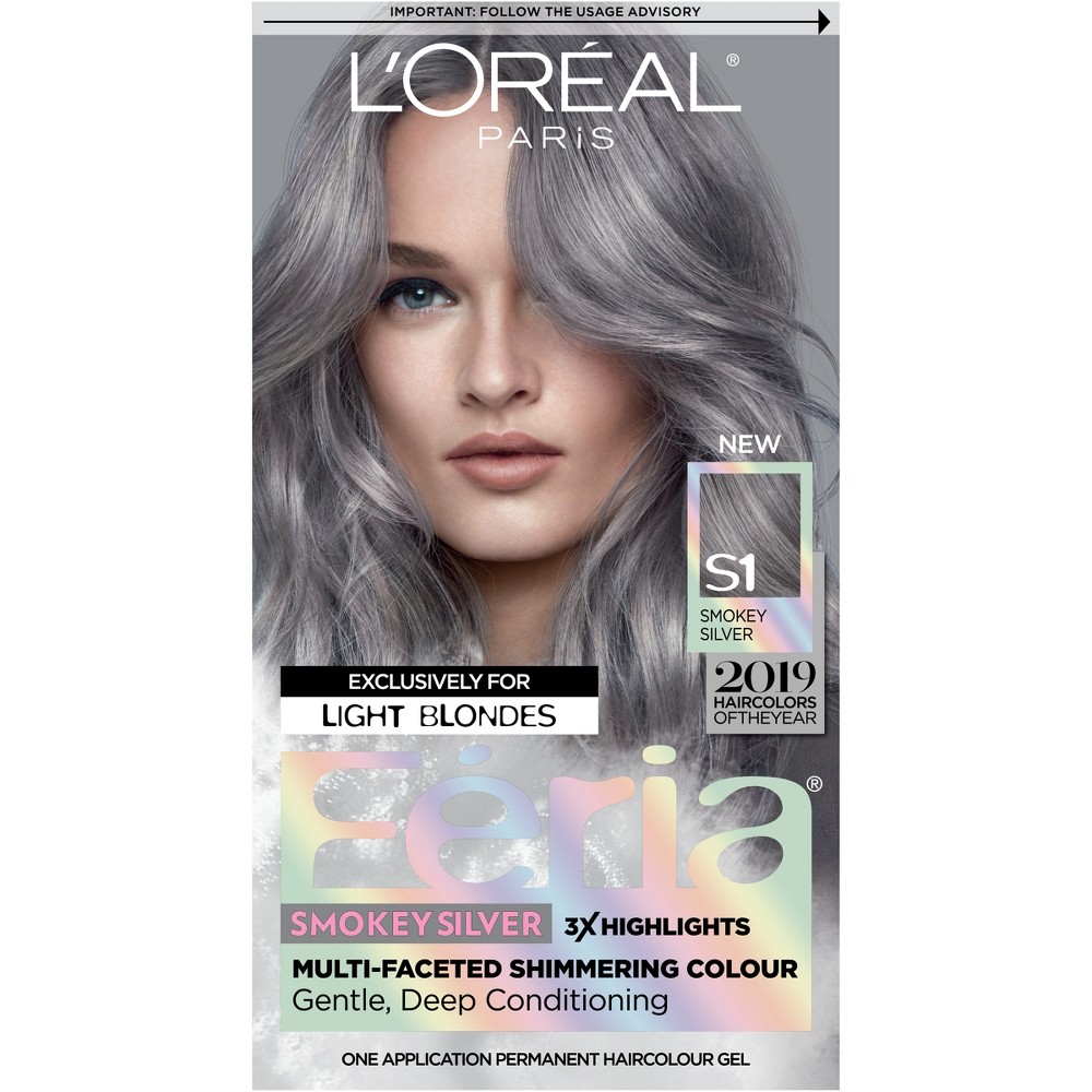 L'Oreal Paris Feria Multi-Faceted Shimmering Permanent Hair Color, S1 Smokey Silver, 1 Kit