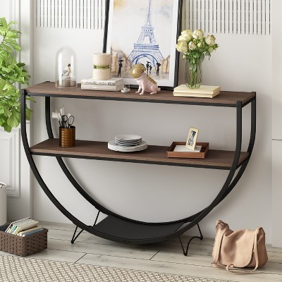 KTMBDW Rustic Industrial Design Side Table, Demilune Shape Textured Metal Distressed Wood Console Table