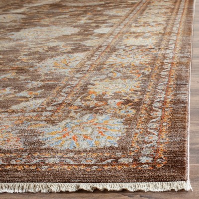 Brown Floral Motif Synthetic Runner Rug with Trim Embellishment