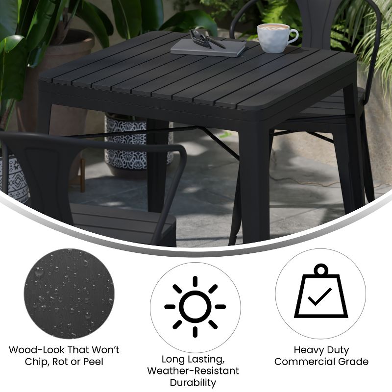 Merrick Lane 31.5" Square Indoor/Outdoor Black Steel Patio Dining Table for 4 with Black Poly Resin Slatted Top, 5 of 8