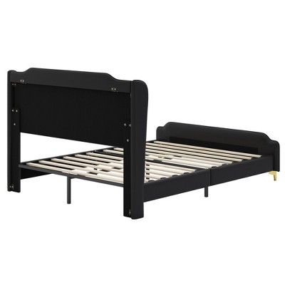 Black Faux Leather Queen Bed with Wingback Headboard and Gold Accents