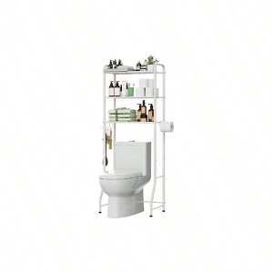 Over Toilet Storage Rack Metal 3 Tier Bathroom Organizer Shelf with Paper Holder and 3 Hooks White - 1 of 4