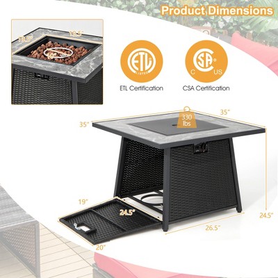 35" Black Marble and Rattan Gas Fire Pit Table