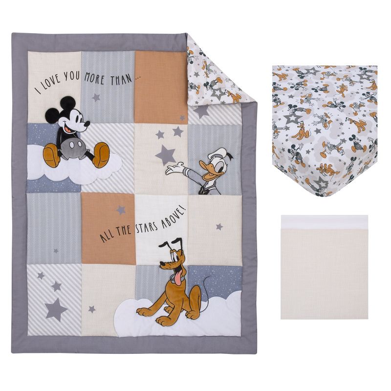 Disney Mickey Mouse Love Mickey Gray, Navy, and Tan Donald Duck and Pluto, Clouds and Stars 3 Piece Nursery Crib Bedding Set, 5 of 9