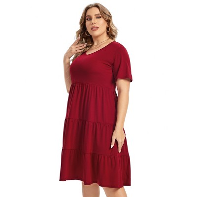 Women's Plus Size Lantern Sleeve Casual Ruffle Hem Loose Swing V Neck Tunic Mini Dress
