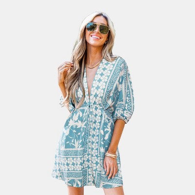 Women's Floral Plunging Blouson Sleeve Mini Dress - Cupshe