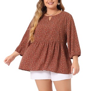 Agnes Orinda Women's Plus Size Floral Retro Keyhole Neck Lantern Summer Babydoll Blouses - 1 of 4