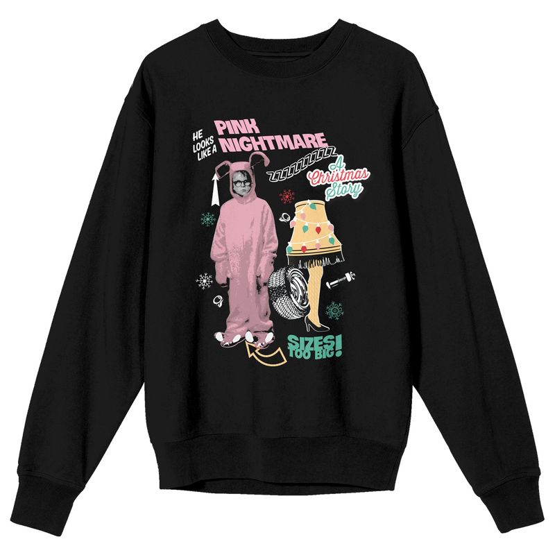 A Christmas Story Ralphie's Pink Nightmare Women's Black Crew Neck Sweatshirt, 1 of 4
