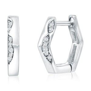 Bella Silver Sterling Silver, Geometric Polished & CZ Hoop Earrings - Silver - 1 of 2